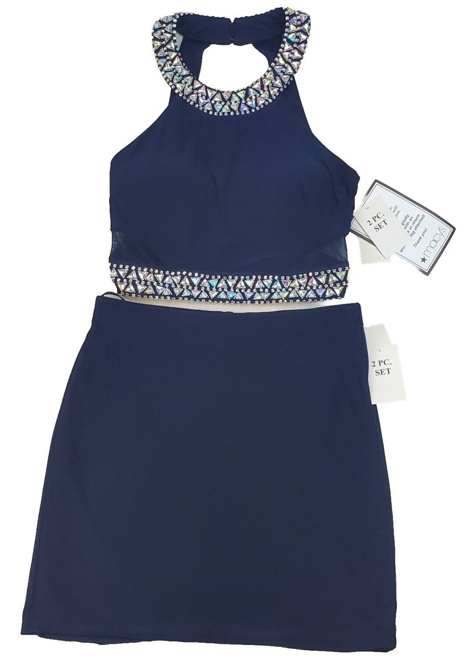 B. Darlin Dress Women's 7/8 2 PCS Blue Navy Diamond Collared New Dance Formal